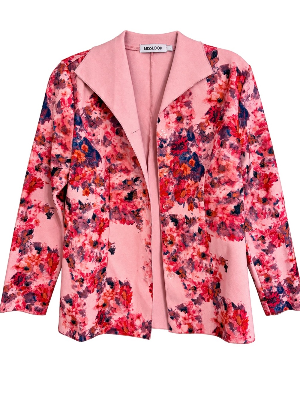 MISSLOOK Pink Floral Button Front Jacket Blazer Size Large Cotton Blend